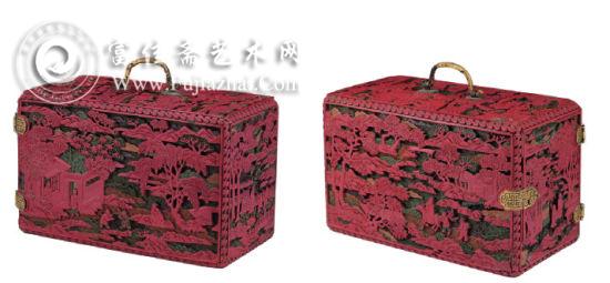 清乾隆 剔紅雕漆山水人物提盒